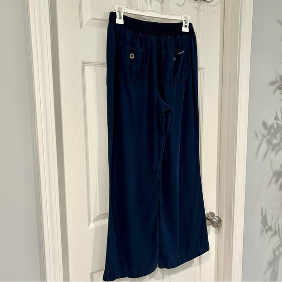 Beau Dawson Women Wide Leg Linen Blend Pants Size L Navy Pockets Elastic Waist - Picture 9 of 17